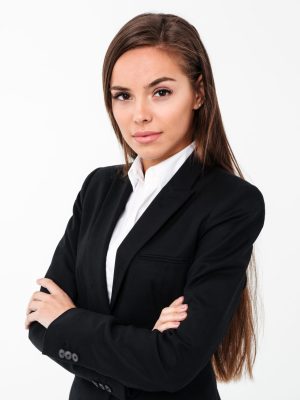 Amazing cheerful business woman standing with arms crossed